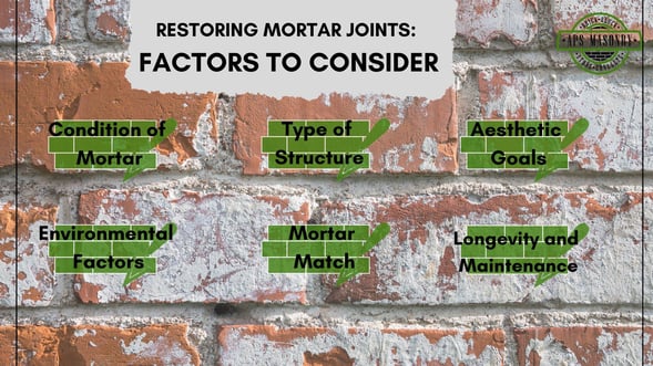 Factors to consider in restoring mortar joints: Condition of Mortar, Type of Structure, Aesthetic Goals, Environmental Factors, Mortar Match, Longevity and Maintenance, by APS Masonry.